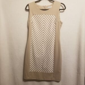 Calvin Klein 10 Dress Knee Length Sleeveless Striped Sheath Beige & White Career